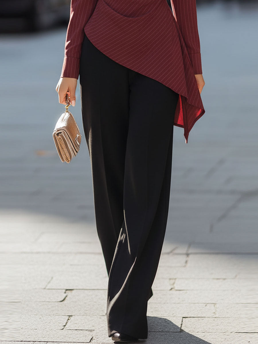 Burgundy Striped Blouse With Asymmetrical Hem & Black Trousers Set