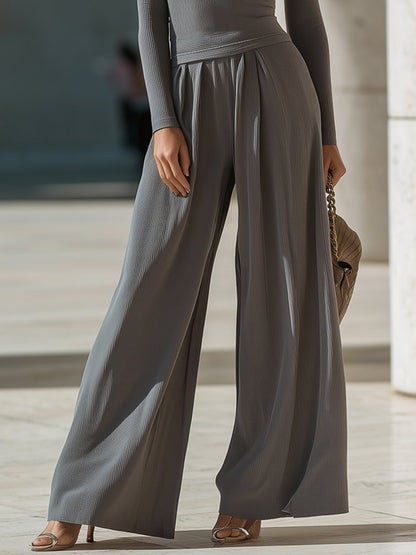 Grey Asymmetric Strap Long-Sleeve Wide-Leg Set
