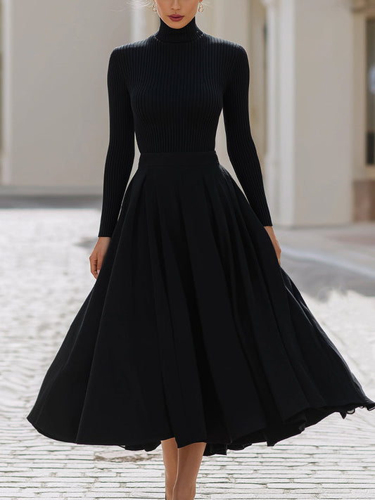 Black Ribbed High-Neck Top & Pleated Midi Skirt Set