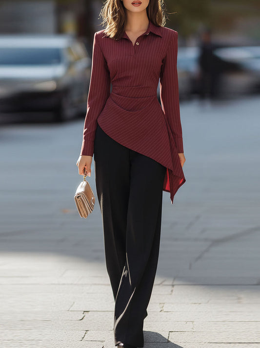 Burgundy Striped Blouse With Asymmetrical Hem & Black Trousers Set