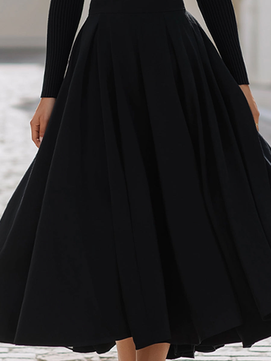 Black Ribbed High-Neck Top & Pleated Midi Skirt Set