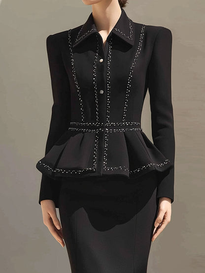 Embellished Peplum Jacket & Flared Maxi Skirt Set