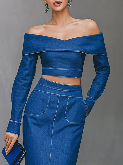 Off-the-Shoulder Denim Crop Top & Midi Skirt Set