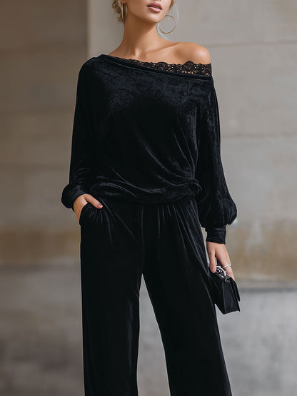 Off-Shoulder Black Velvet Lounge Set With Lace Detail