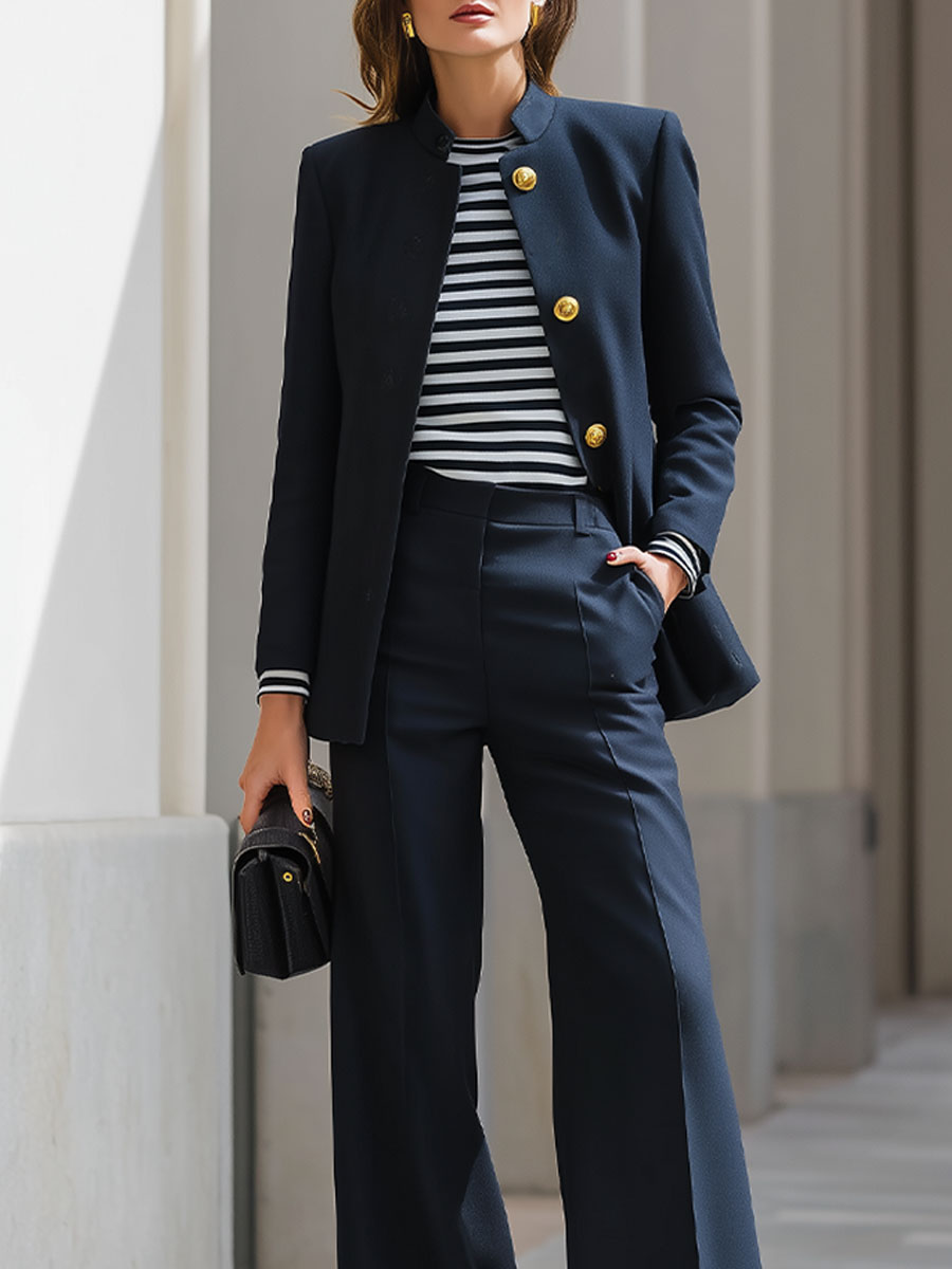 Navy Stand-Collar Blazer & Wide-Leg Pant Tailored Set With Gold Accents