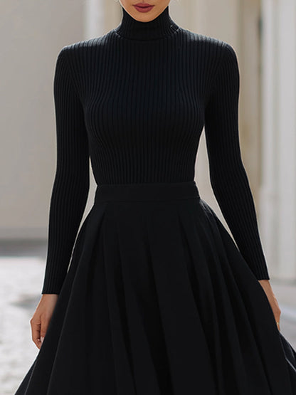 Black Ribbed High-Neck Top & Pleated Midi Skirt Set