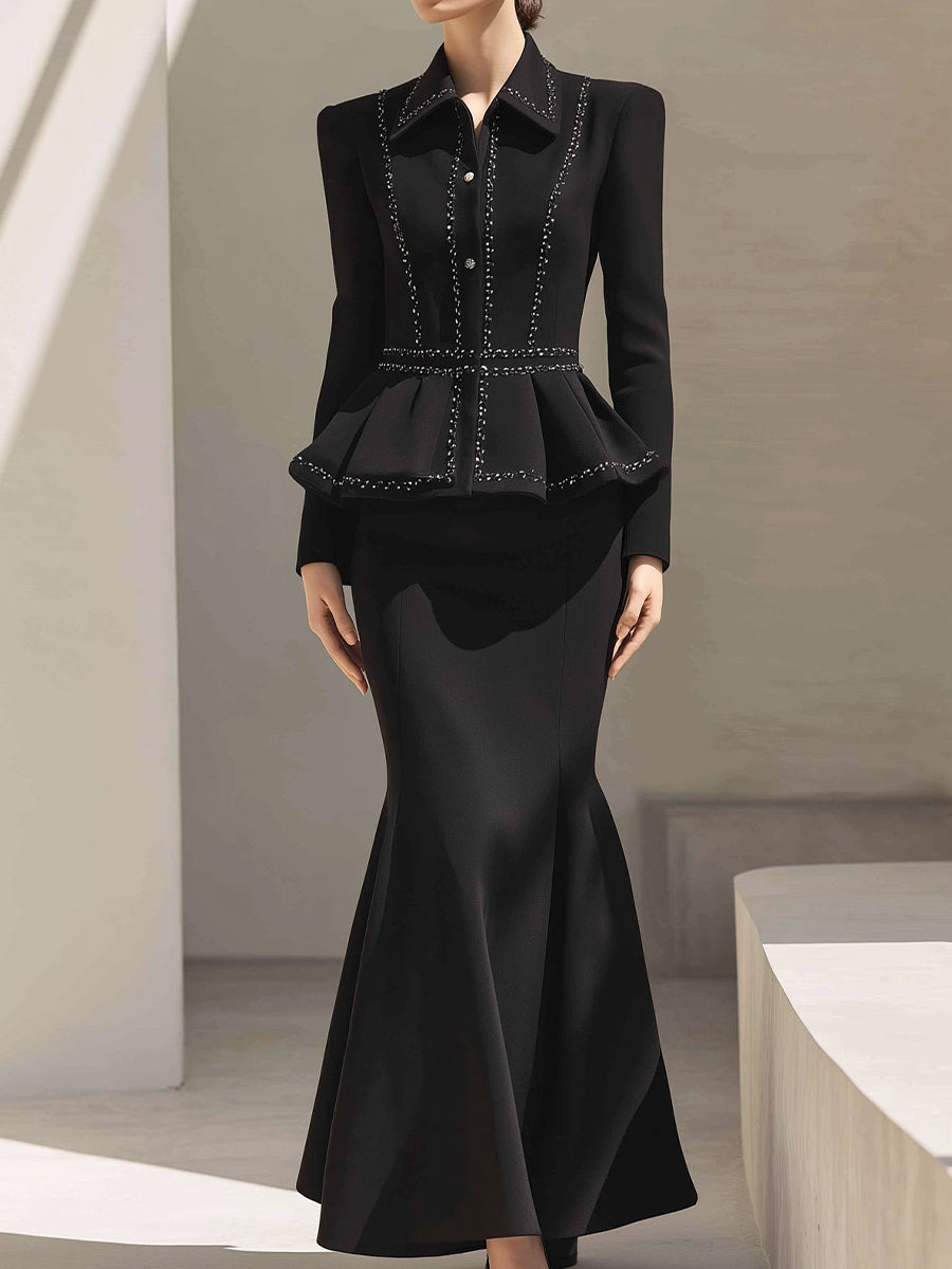 Embellished Peplum Jacket & Flared Maxi Skirt Set