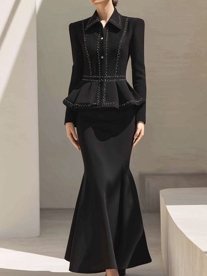 Embellished Peplum Jacket & Flared Maxi Skirt Set