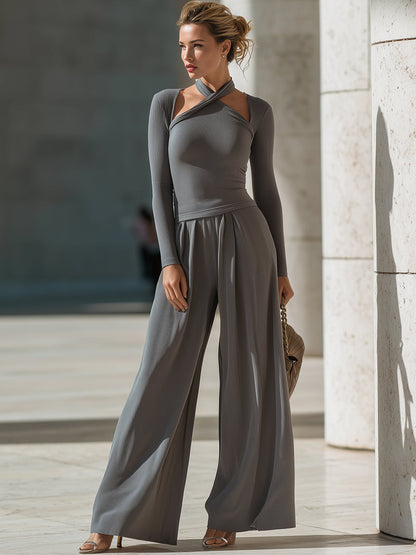 Grey Asymmetric Strap Long-Sleeve Wide-Leg Set