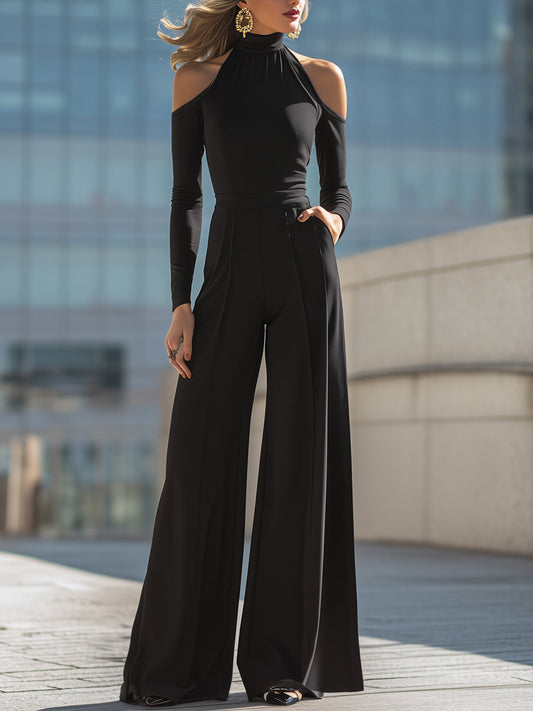 Black High-Neck Cold-Shoulder Top & Wide-Leg Pants Two-Piece Set