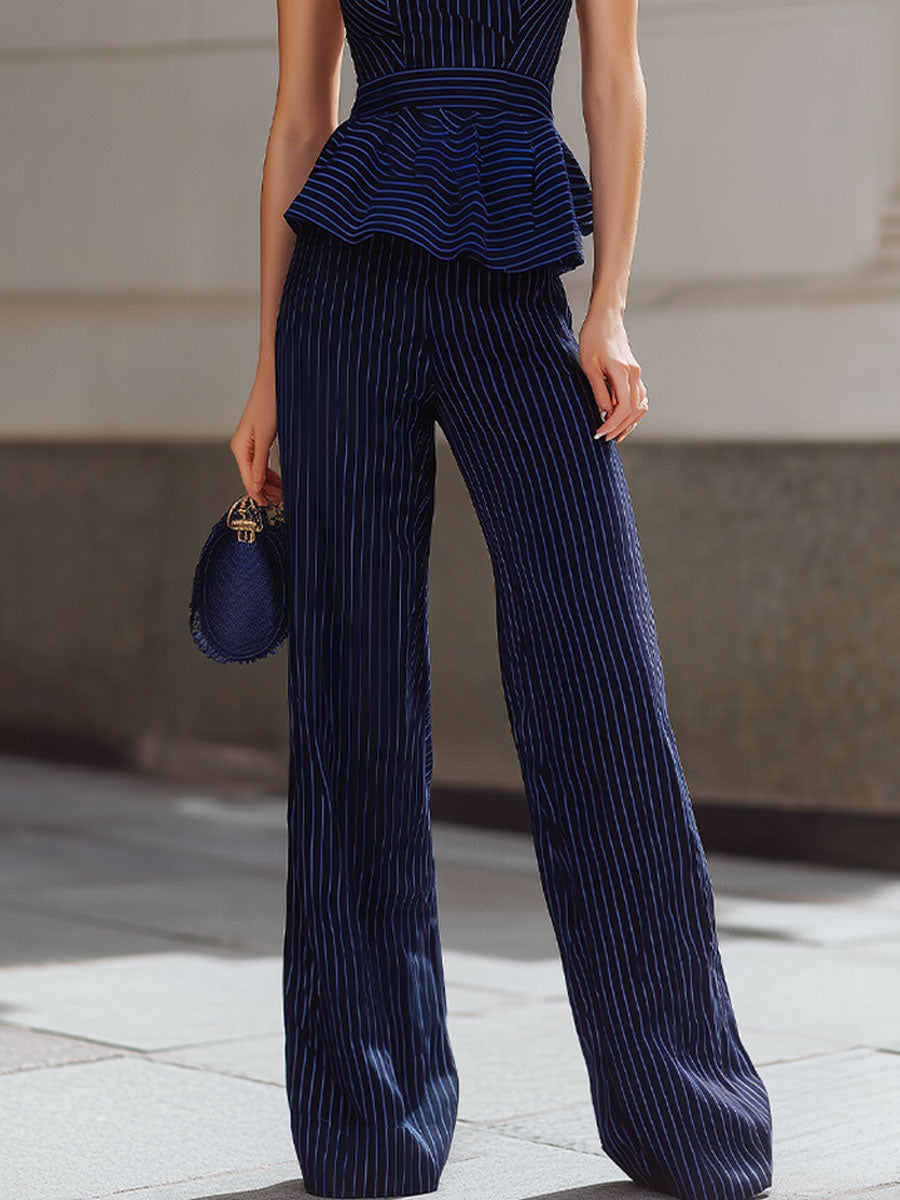 Navy Pinstripe Halter Peplum Top And Wide-Leg Trouser Set